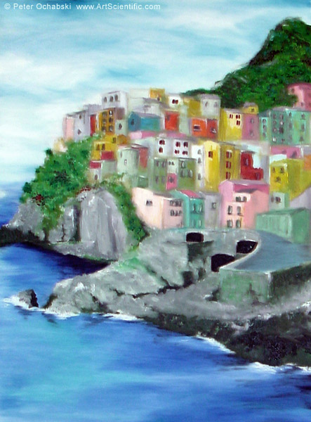 coastal italian town rendered with oils