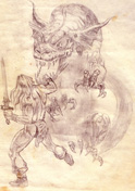 warrior fights dragon sketch illustration