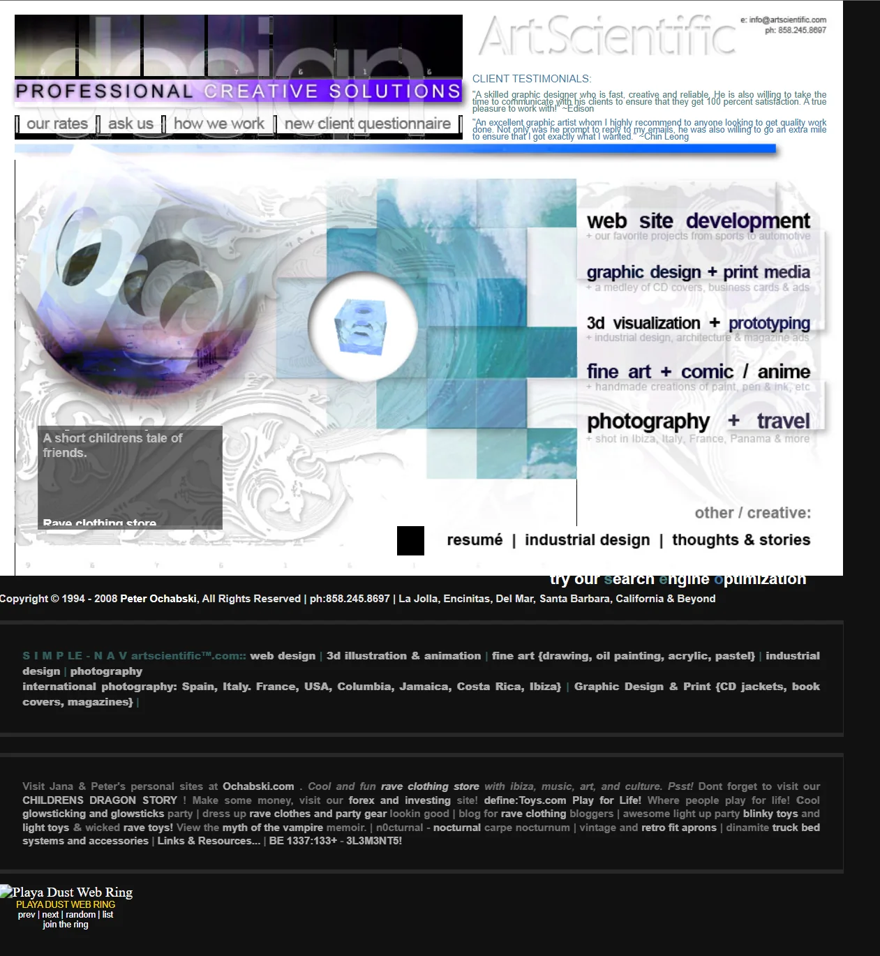 Original ArtScientific homepage from 2008, including its image-sliced header, wave collage, capabilities, dense link ecosystem, and Playa Dust web ring.